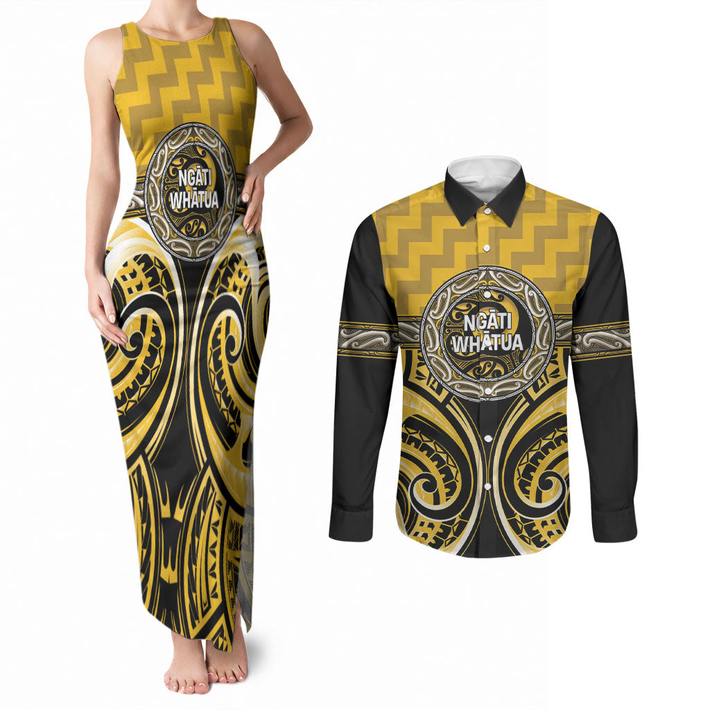 Aotearoa Ngati Whatua Personalised Couples Matching Tank Maxi Dress and Long Sleeve Button Shirt Maori Iwi Poutama Puhoro Tattoo LT14 Yellow - Polynesian Pride