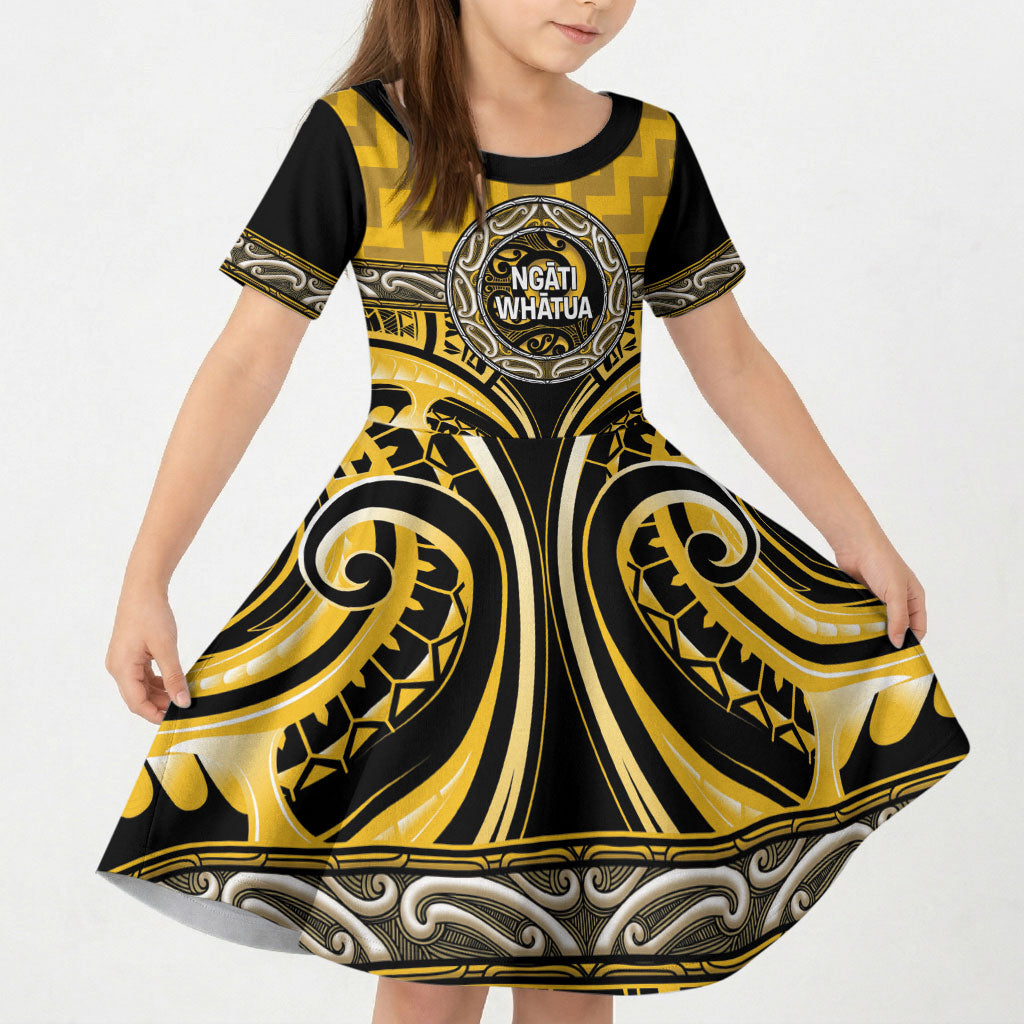 Aotearoa Ngati Whatua Personalised Kid Short Sleeve Dress Maori Iwi Poutama Puhoro Tattoo LT14 KID Yellow - Polynesian Pride