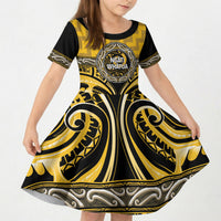 Aotearoa Ngati Whatua Personalised Kid Short Sleeve Dress Maori Iwi Poutama Puhoro Tattoo LT14 KID Yellow - Polynesian Pride