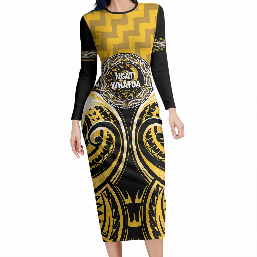 Aotearoa Ngati Whatua Personalised Long Sleeve Bodycon Dress Maori Iwi Poutama Puhoro Tattoo LT14 Long Dress Yellow - Polynesian Pride