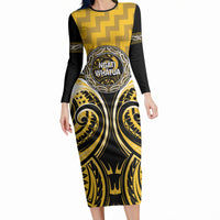 Aotearoa Ngati Whatua Personalised Long Sleeve Bodycon Dress Maori Iwi Poutama Puhoro Tattoo LT14 Long Dress Yellow - Polynesian Pride