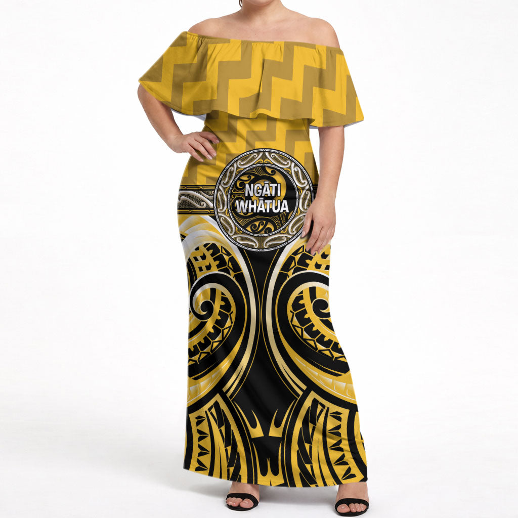 Aotearoa Ngati Whatua Personalised Off Shoulder Maxi Dress Maori Iwi Poutama Puhoro Tattoo LT14 Women Yellow - Polynesian Pride