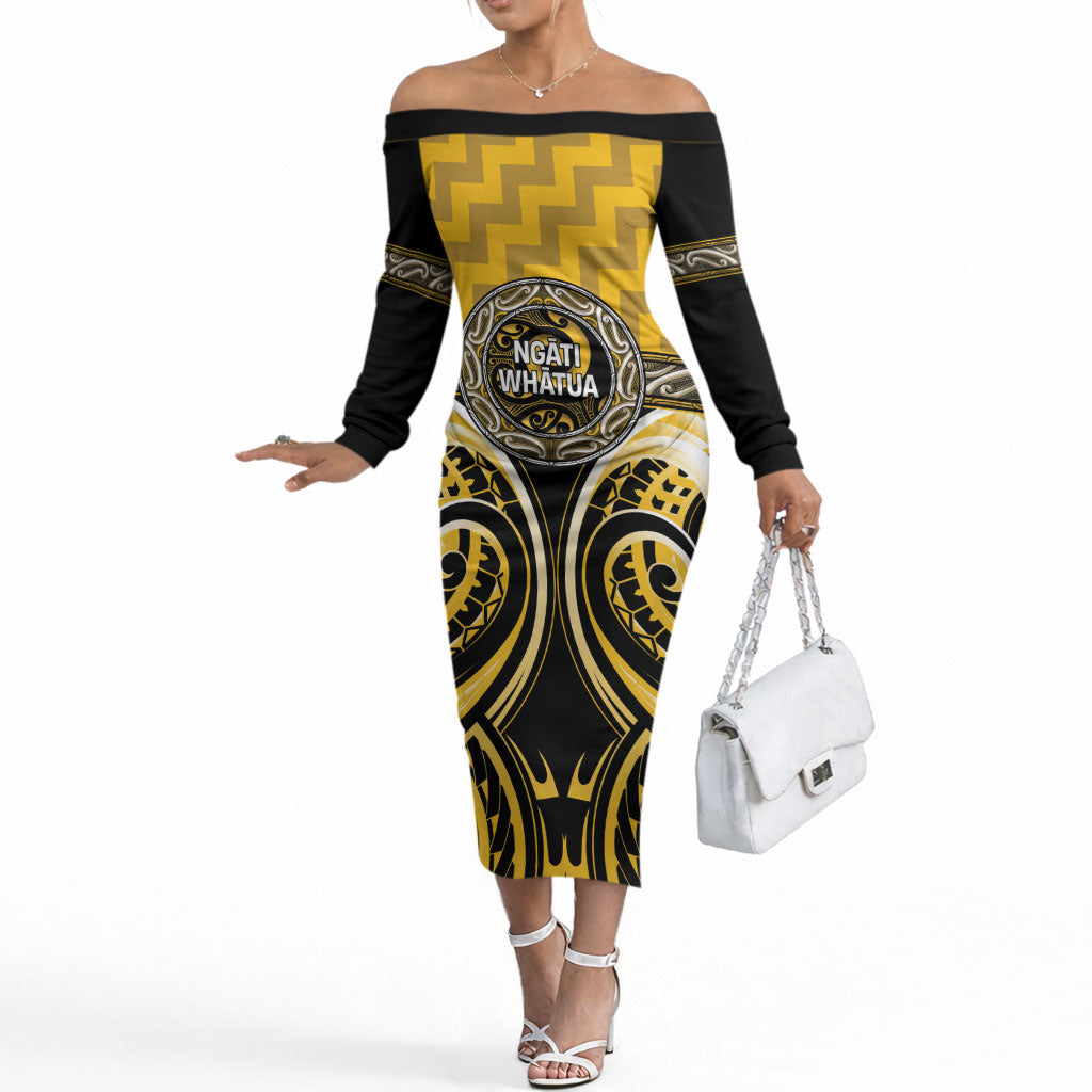 Aotearoa Ngati Whatua Personalised Off The Shoulder Long Sleeve Dress Maori Iwi Poutama Puhoro Tattoo LT14 Women Yellow - Polynesian Pride