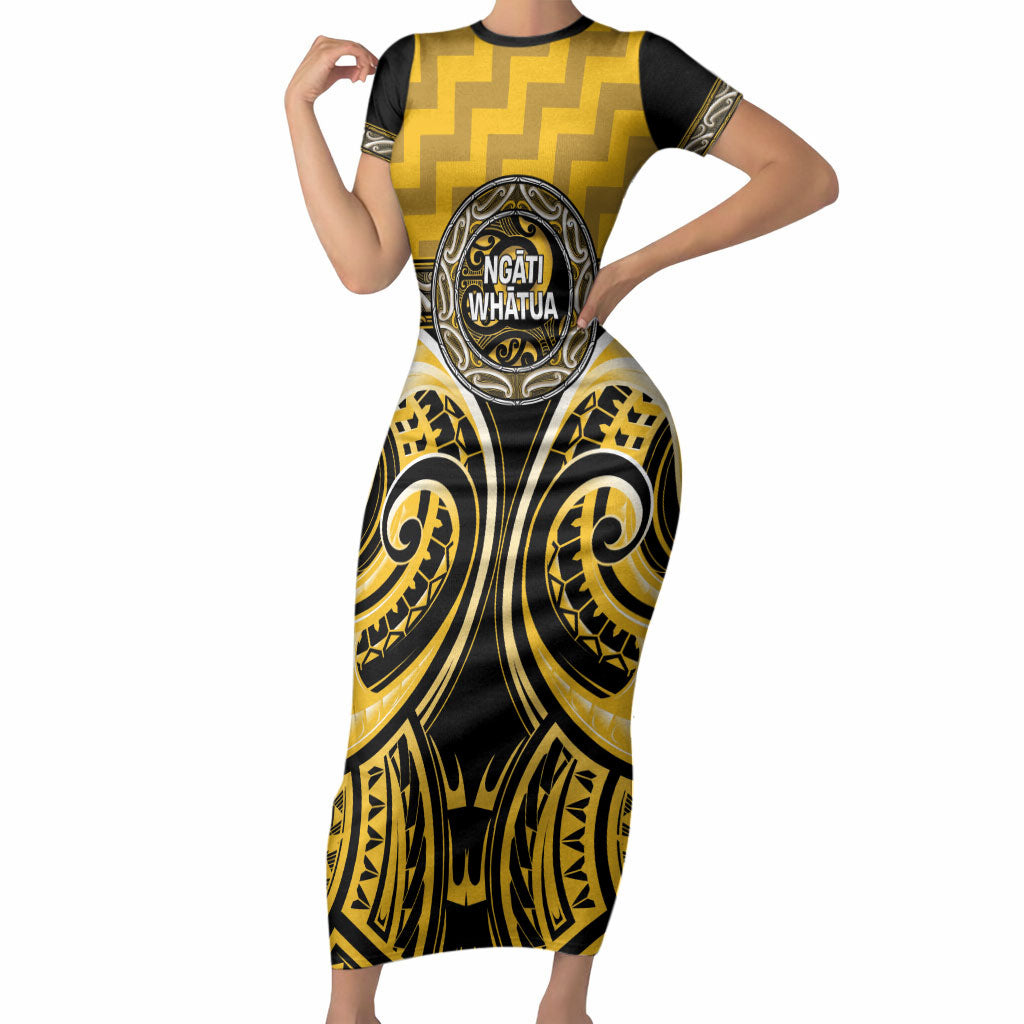 Aotearoa Ngati Whatua Personalised Short Sleeve Bodycon Dress Maori Iwi Poutama Puhoro Tattoo LT14 Long Dress Yellow - Polynesian Pride