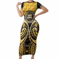 Aotearoa Ngati Whatua Personalised Short Sleeve Bodycon Dress Maori Iwi Poutama Puhoro Tattoo LT14 Long Dress Yellow - Polynesian Pride