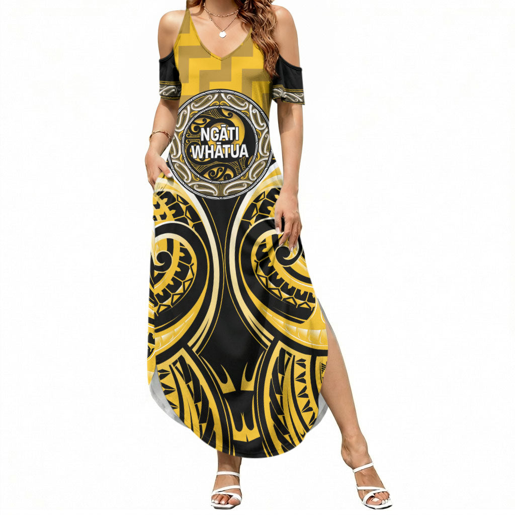 Aotearoa Ngati Whatua Personalised Summer Maxi Dress Maori Iwi Poutama Puhoro Tattoo LT14 Women Yellow - Polynesian Pride