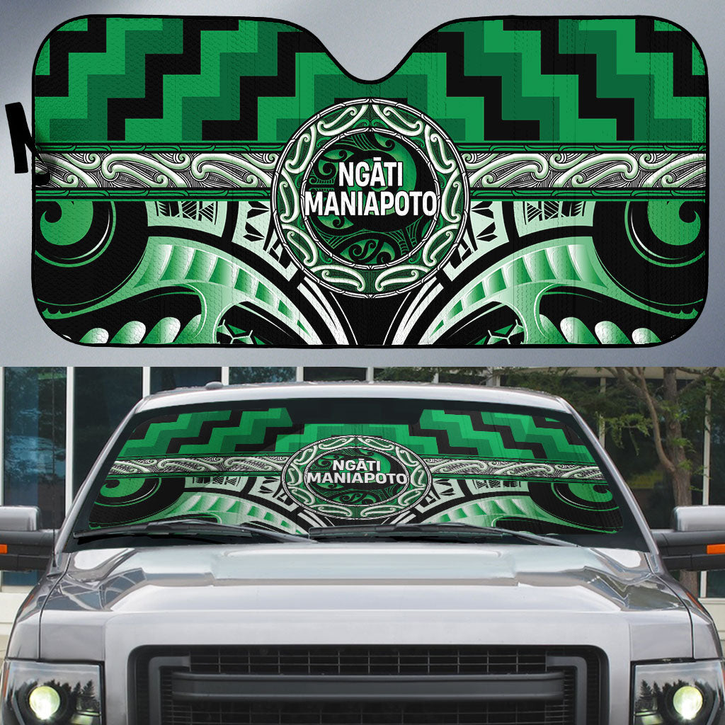 Aotearoa Ngati Maniapoto Auto Sun Shade Maori Iwi Poutama Puhoro Tattoo LT14 Green - Polynesian Pride