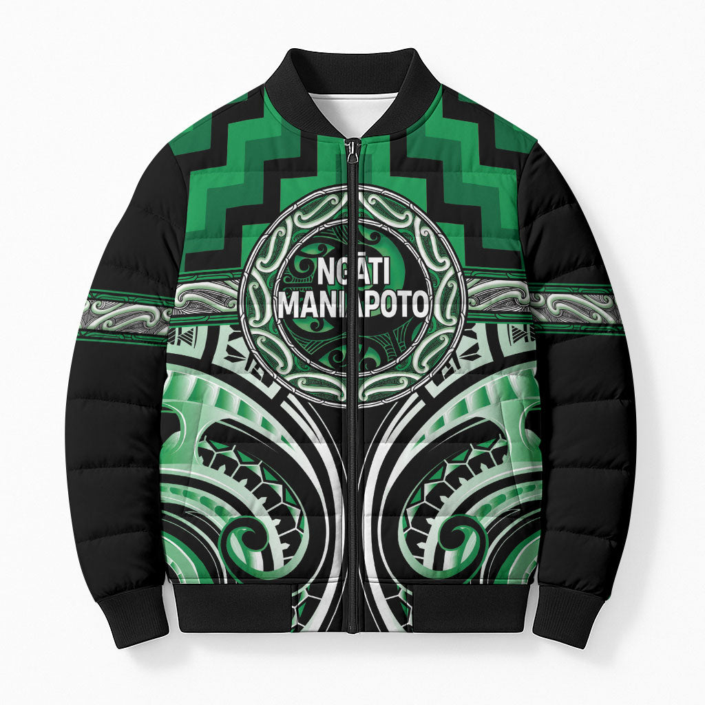 Aotearoa Ngati Maniapoto Personalised Bomber Puffer Jacket Maori Iwi Poutama Puhoro Tattoo LT14 Unisex Green - Polynesian Pride