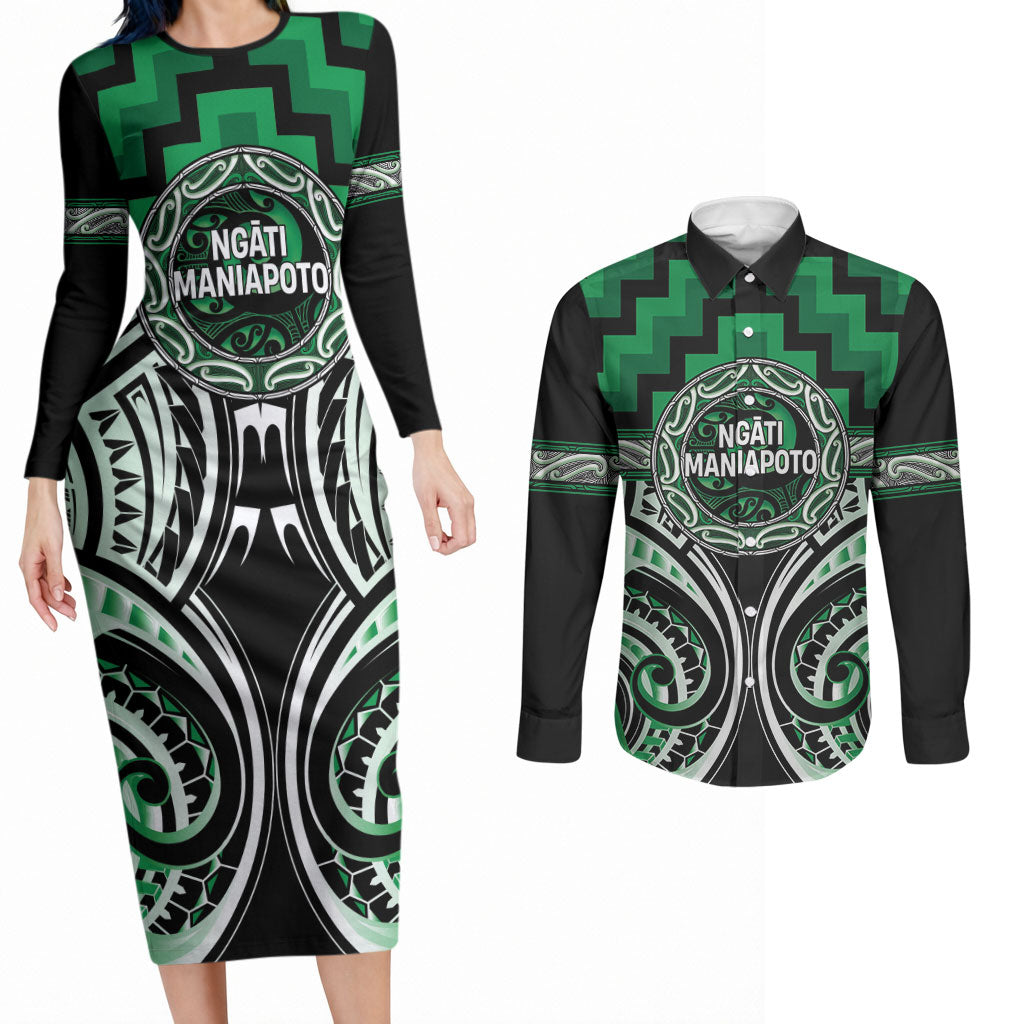 Aotearoa Ngati Maniapoto Personalised Couples Matching Long Sleeve Bodycon Dress and Long Sleeve Button Shirt Maori Iwi Poutama Puhoro Tattoo LT14 Green - Polynesian Pride