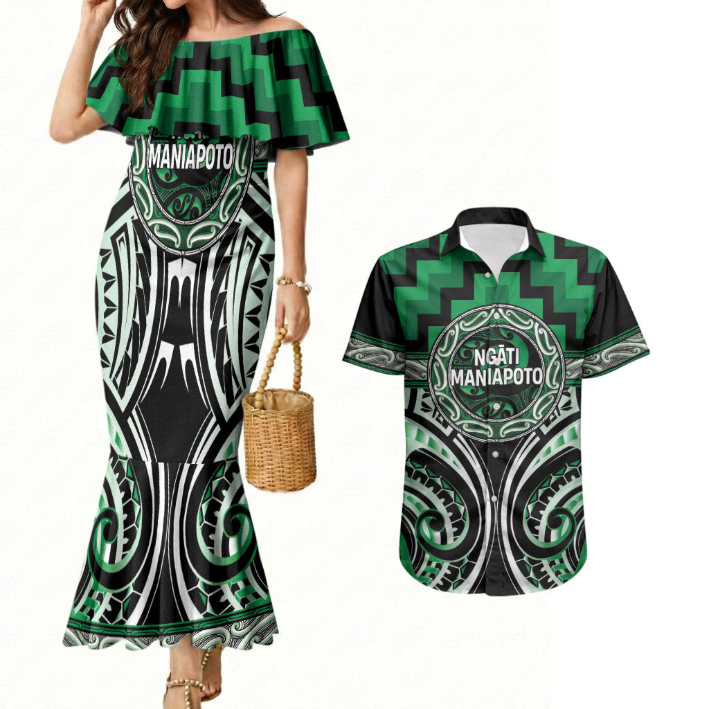 Aotearoa Ngati Maniapoto Personalised Couples Matching Mermaid Dress and Hawaiian Shirt Maori Iwi Poutama Puhoro Tattoo LT14 Green - Polynesian Pride