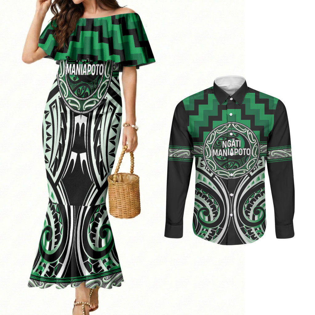 Aotearoa Ngati Maniapoto Personalised Couples Matching Mermaid Dress and Long Sleeve Button Shirt Maori Iwi Poutama Puhoro Tattoo LT14 Green - Polynesian Pride