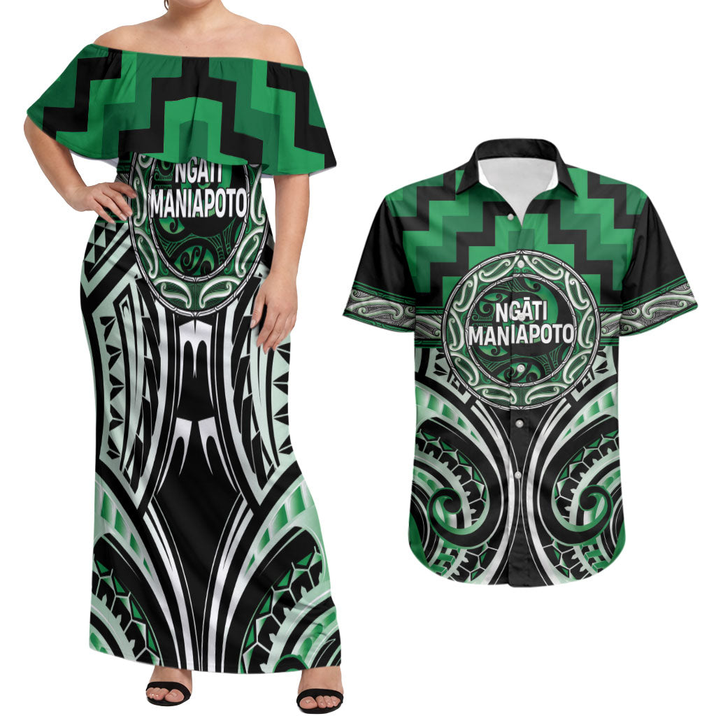Aotearoa Ngati Maniapoto Personalised Couples Matching Off Shoulder Maxi Dress and Hawaiian Shirt Maori Iwi Poutama Puhoro Tattoo LT14 Green - Polynesian Pride