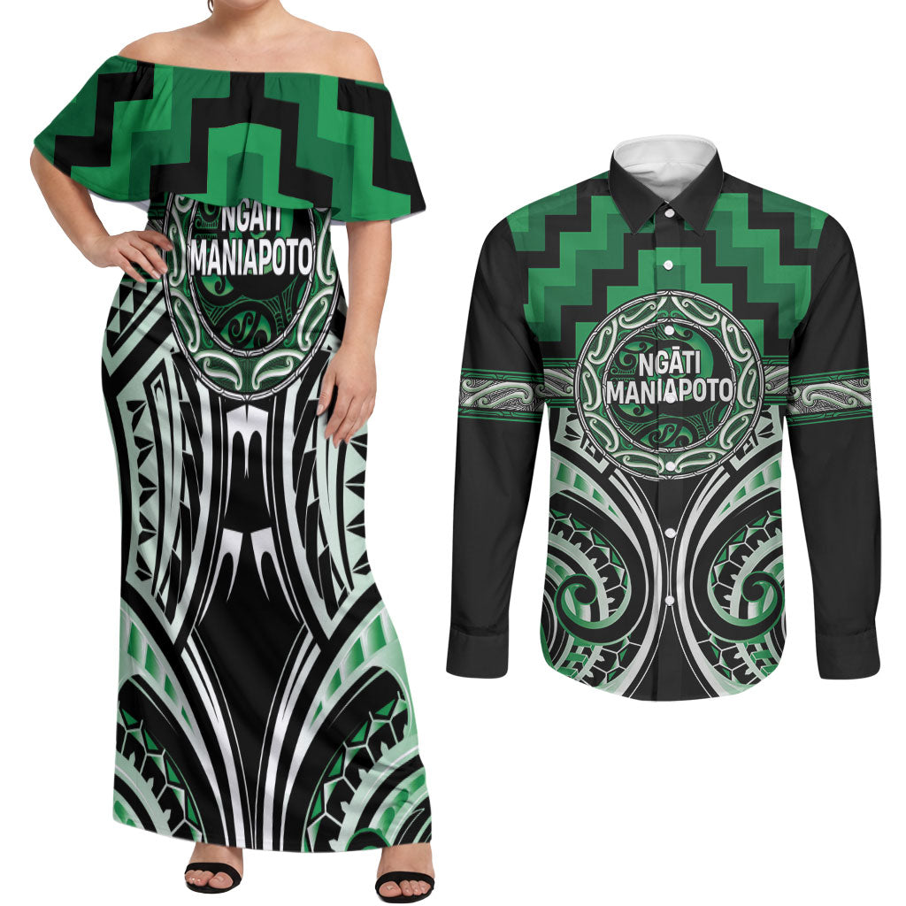Aotearoa Ngati Maniapoto Personalised Couples Matching Off Shoulder Maxi Dress and Long Sleeve Button Shirt Maori Iwi Poutama Puhoro Tattoo LT14 Green - Polynesian Pride
