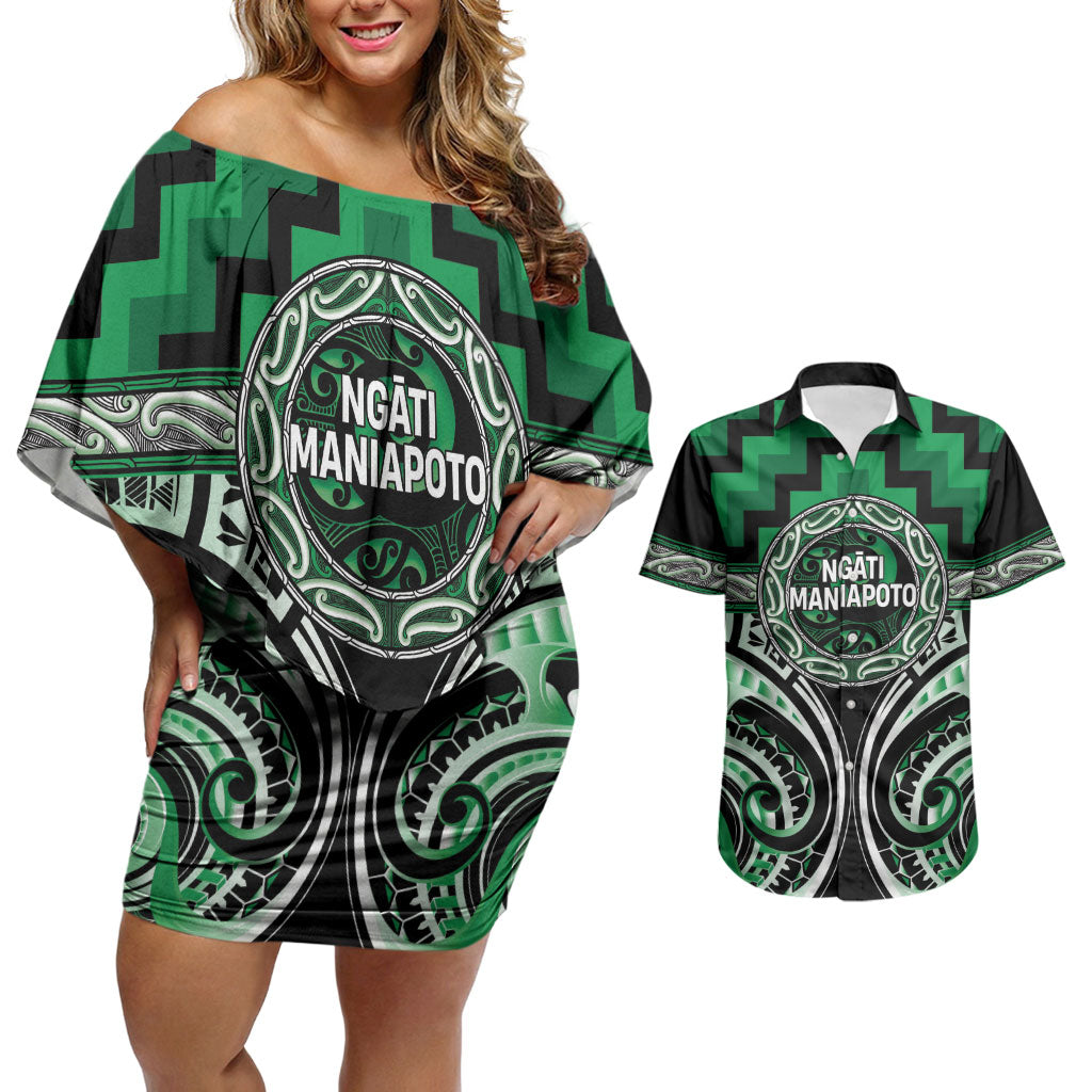 Aotearoa Ngati Maniapoto Personalised Couples Matching Off Shoulder Short Dress and Hawaiian Shirt Maori Iwi Poutama Puhoro Tattoo LT14 Green - Polynesian Pride