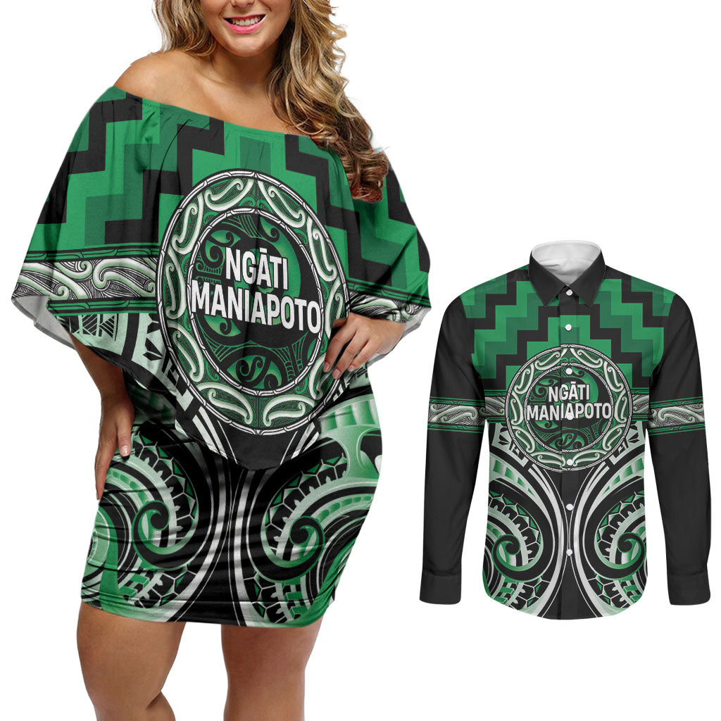 Aotearoa Ngati Maniapoto Personalised Couples Matching Off Shoulder Short Dress and Long Sleeve Button Shirt Maori Iwi Poutama Puhoro Tattoo LT14 Green - Polynesian Pride