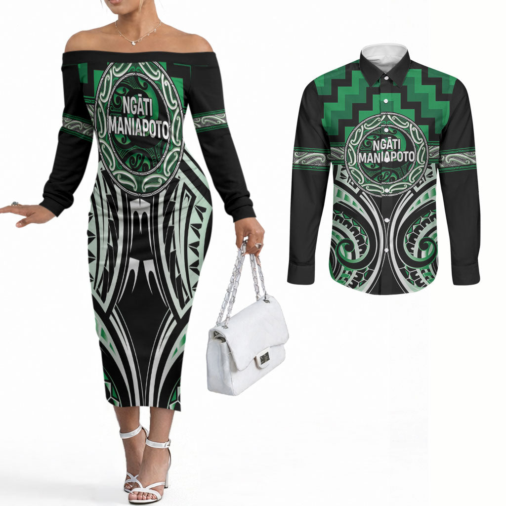 Aotearoa Ngati Maniapoto Personalised Couples Matching Off The Shoulder Long Sleeve Dress and Long Sleeve Button Shirt Maori Iwi Poutama Puhoro Tattoo LT14 Green - Polynesian Pride