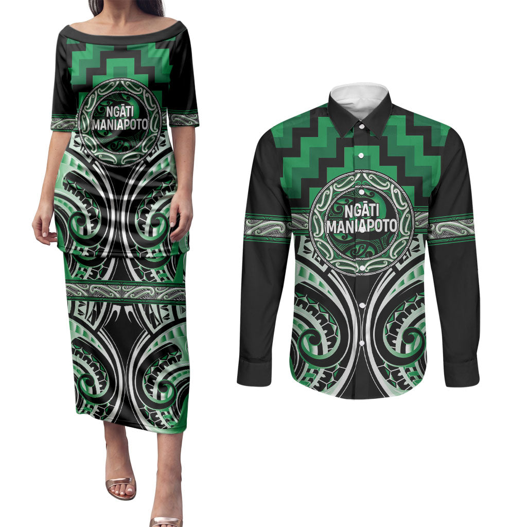Aotearoa Ngati Maniapoto Personalised Couples Matching Puletasi and Long Sleeve Button Shirt Maori Iwi Poutama Puhoro Tattoo LT14 Green - Polynesian Pride