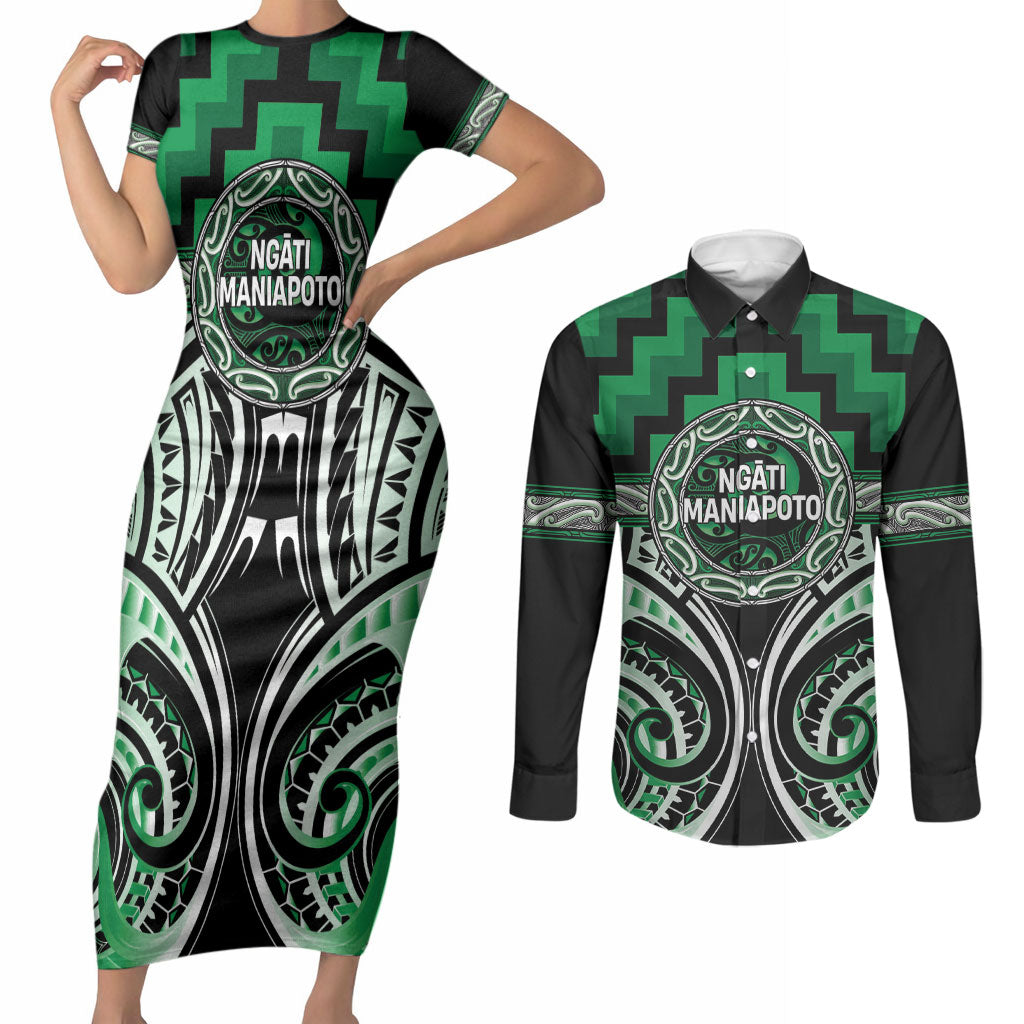 Aotearoa Ngati Maniapoto Personalised Couples Matching Short Sleeve Bodycon Dress and Long Sleeve Button Shirt Maori Iwi Poutama Puhoro Tattoo LT14 Green - Polynesian Pride