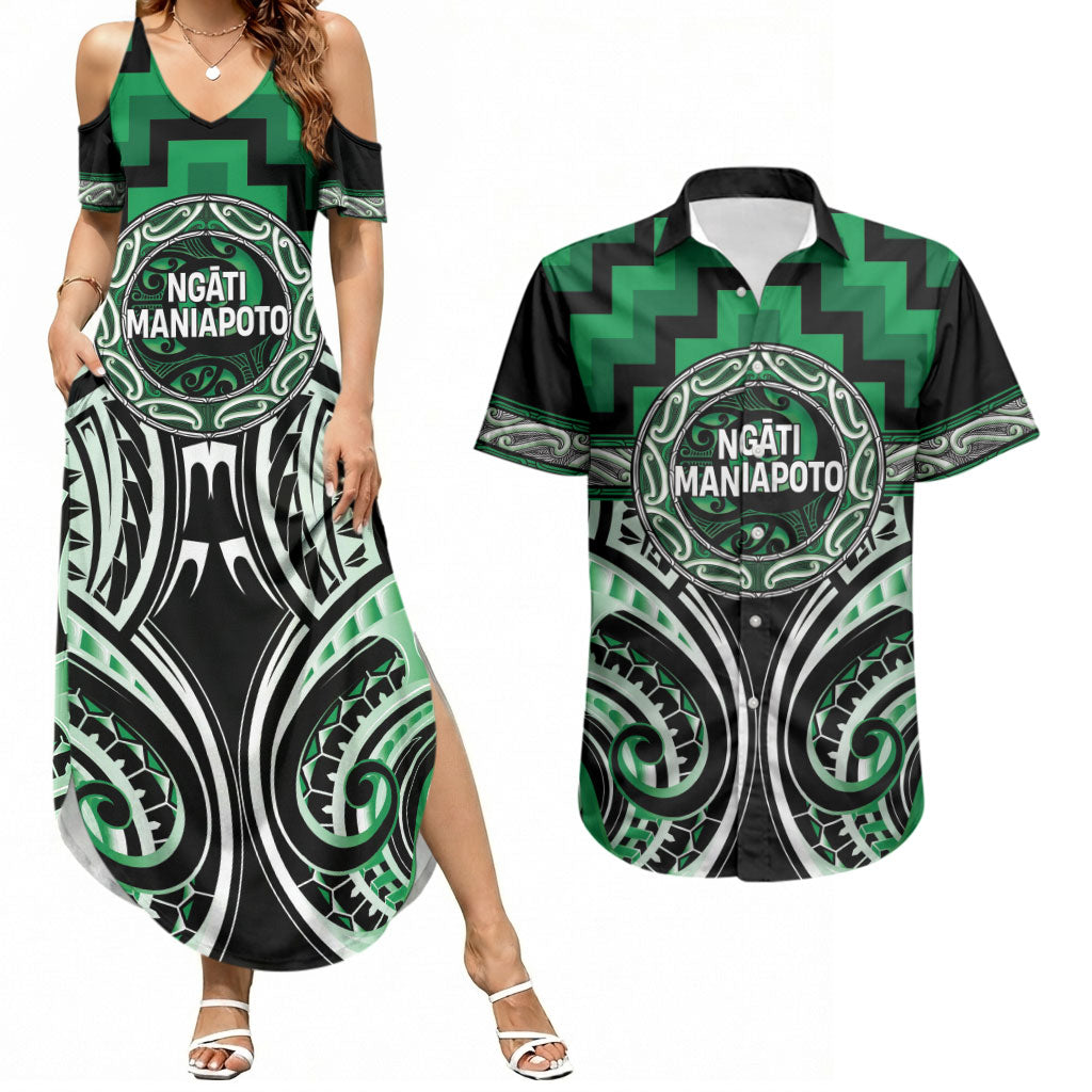 Aotearoa Ngati Maniapoto Personalised Couples Matching Summer Maxi Dress and Hawaiian Shirt Maori Iwi Poutama Puhoro Tattoo LT14 Green - Polynesian Pride