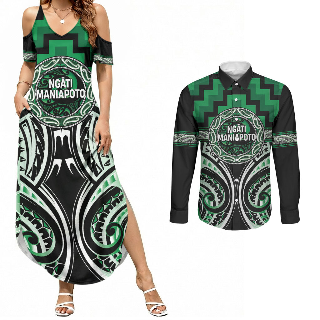Aotearoa Ngati Maniapoto Personalised Couples Matching Summer Maxi Dress and Long Sleeve Button Shirt Maori Iwi Poutama Puhoro Tattoo LT14 Green - Polynesian Pride
