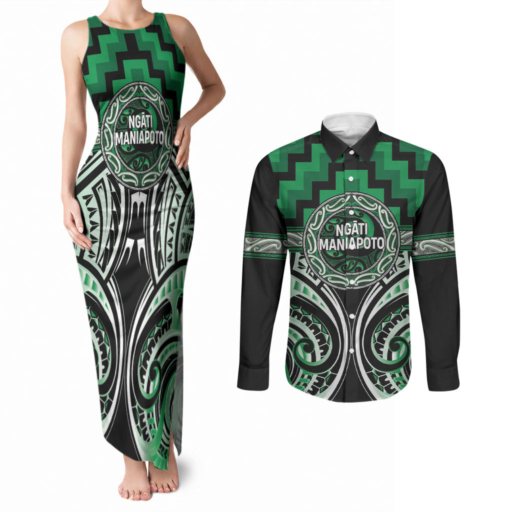 Aotearoa Ngati Maniapoto Personalised Couples Matching Tank Maxi Dress and Long Sleeve Button Shirt Maori Iwi Poutama Puhoro Tattoo LT14 Green - Polynesian Pride