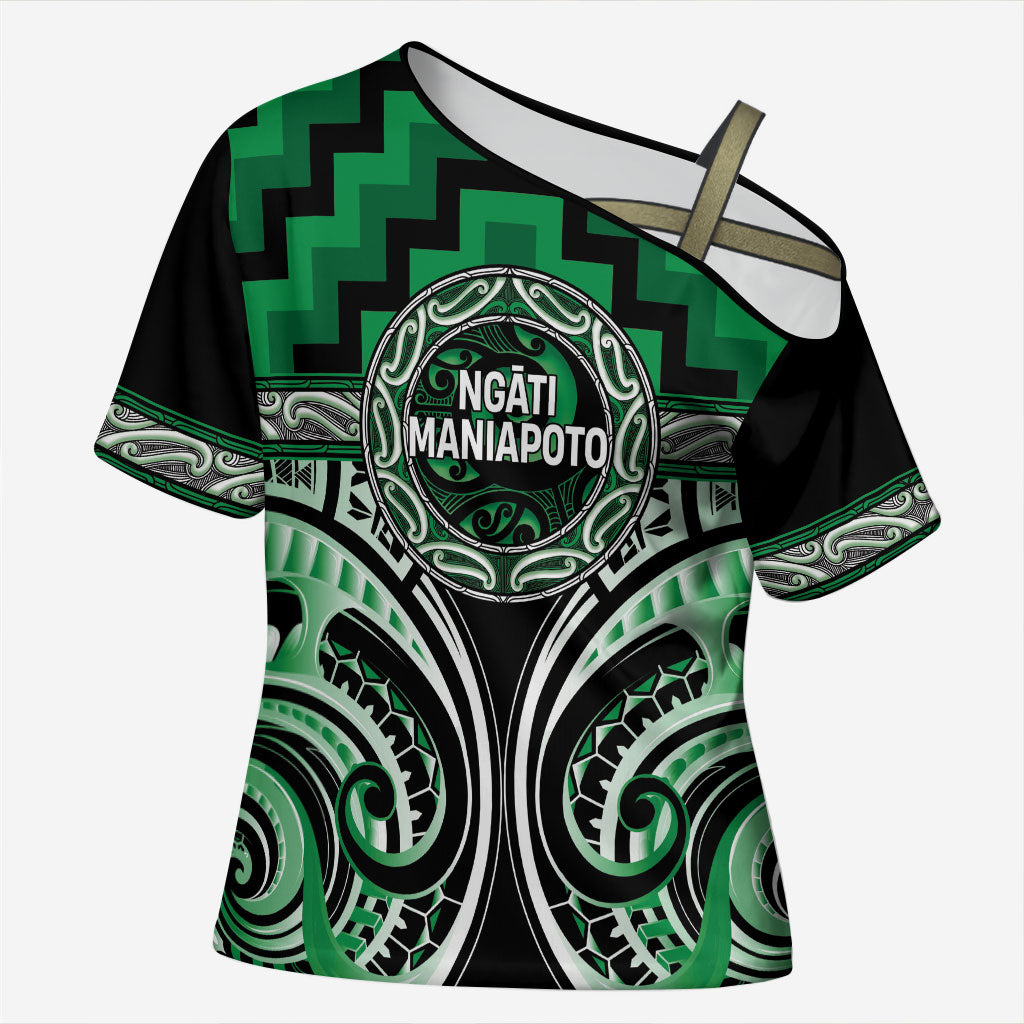 Aotearoa Ngati Maniapoto Personalised Cross Shoulder Shirt Maori Iwi Poutama Puhoro Tattoo LT14 Female Green - Polynesian Pride