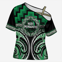 Aotearoa Ngati Maniapoto Personalised Cross Shoulder Shirt Maori Iwi Poutama Puhoro Tattoo LT14 Female Green - Polynesian Pride