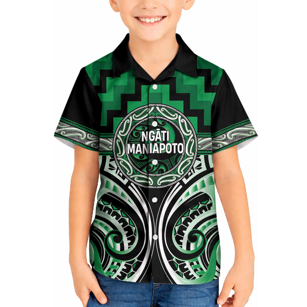 Aotearoa Ngati Maniapoto Personalised Kid Hawaiian Shirt Maori Iwi Poutama Puhoro Tattoo LT14 Kid Green - Polynesian Pride