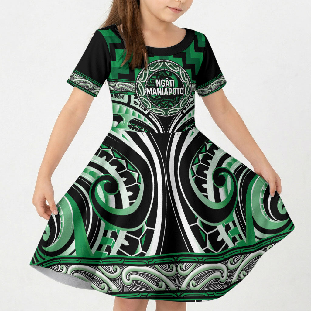 Aotearoa Ngati Maniapoto Personalised Kid Short Sleeve Dress Maori Iwi Poutama Puhoro Tattoo LT14 KID Green - Polynesian Pride