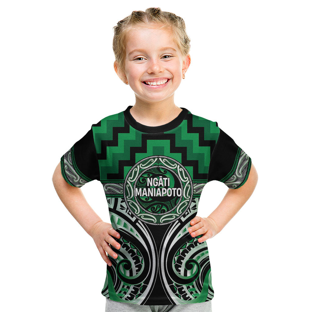 Aotearoa Ngati Maniapoto Personalised Kid T Shirt Maori Iwi Poutama Puhoro Tattoo LT14 Green - Polynesian Pride