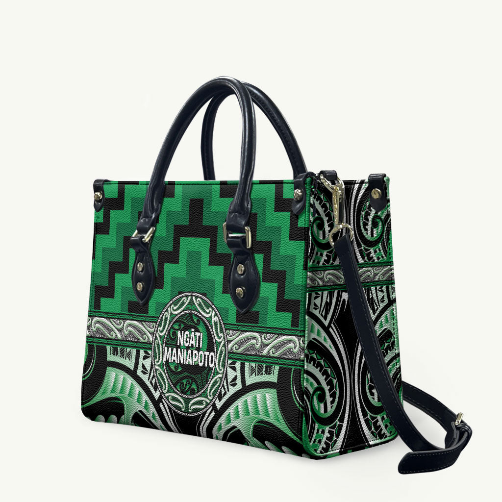Aotearoa Ngati Maniapoto Leather Bag Maori Iwi Poutama Puhoro Tattoo LT14 Green - Polynesian Pride