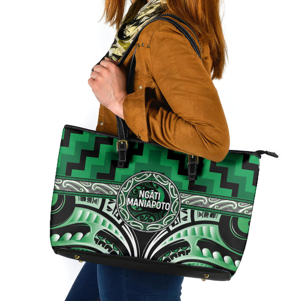 Aotearoa Ngati Maniapoto Leather Tote Bag Maori Iwi Poutama Puhoro Tattoo LT14 Green - Polynesian Pride