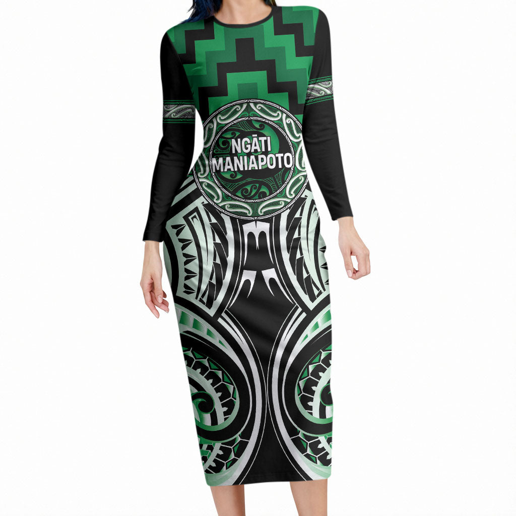 Aotearoa Ngati Maniapoto Personalised Long Sleeve Bodycon Dress Maori Iwi Poutama Puhoro Tattoo LT14 Long Dress Green - Polynesian Pride