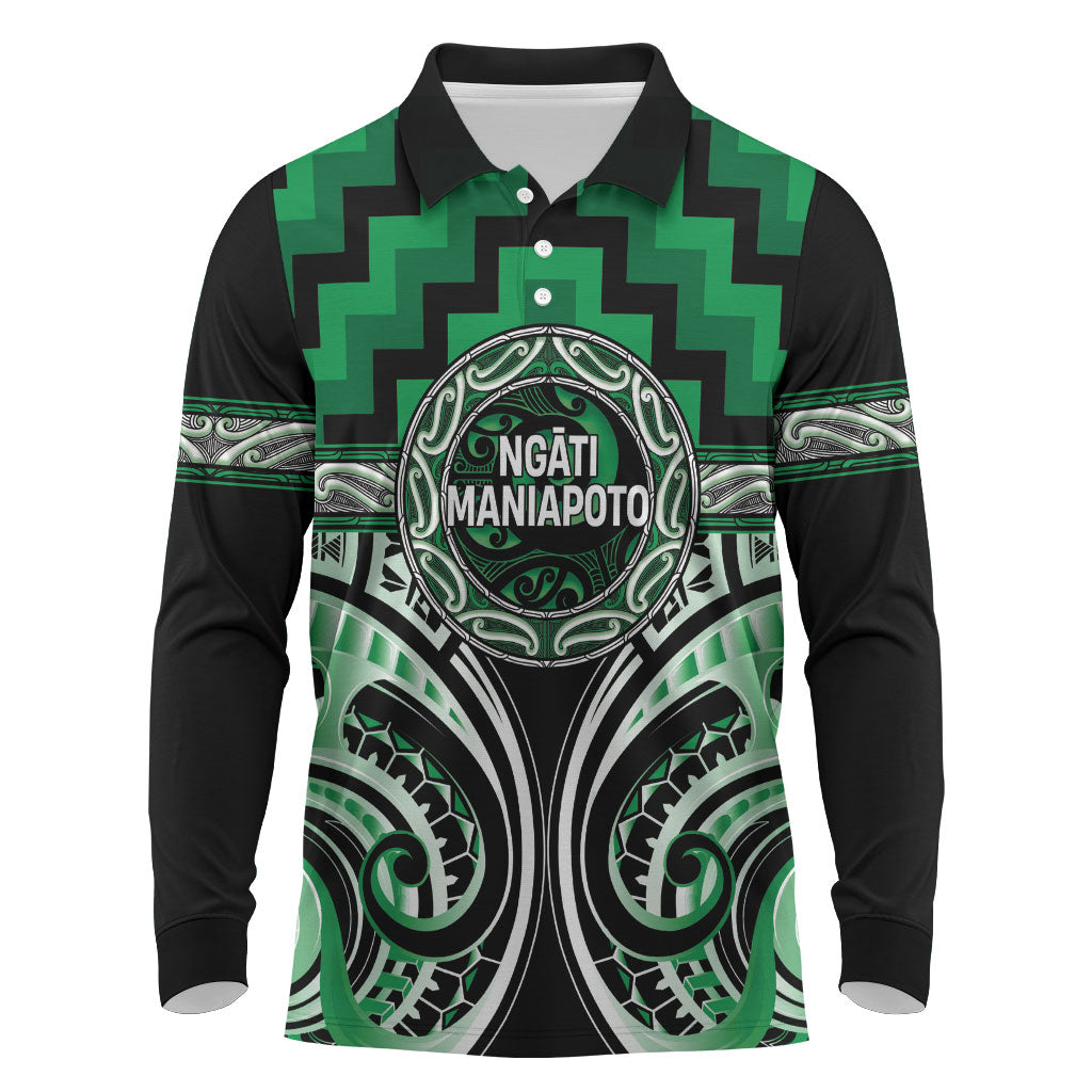 Aotearoa Ngati Maniapoto Personalised Long Sleeve Polo Shirt Maori Iwi Poutama Puhoro Tattoo LT14 Green - Polynesian Pride