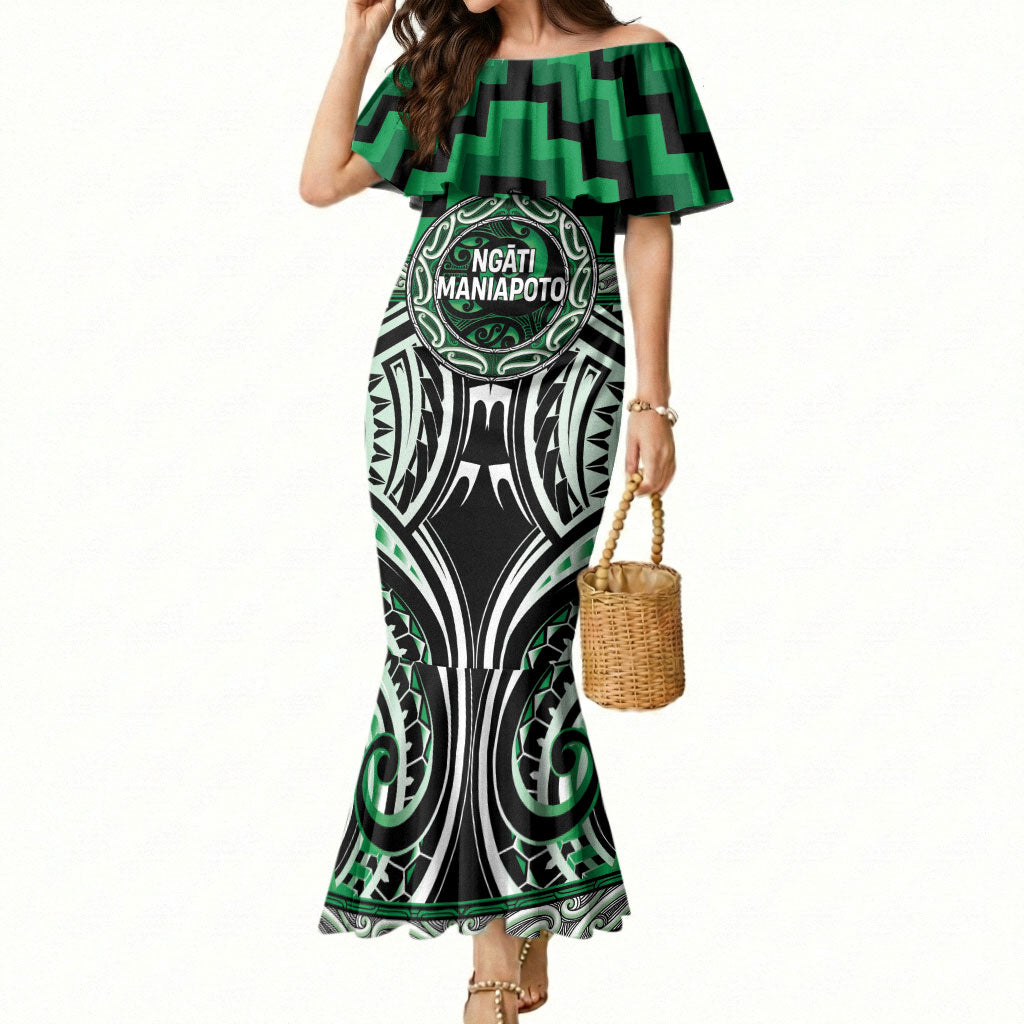 Aotearoa Ngati Maniapoto Personalised Mermaid Dress Maori Iwi Poutama Puhoro Tattoo LT14 Women Green - Polynesian Pride