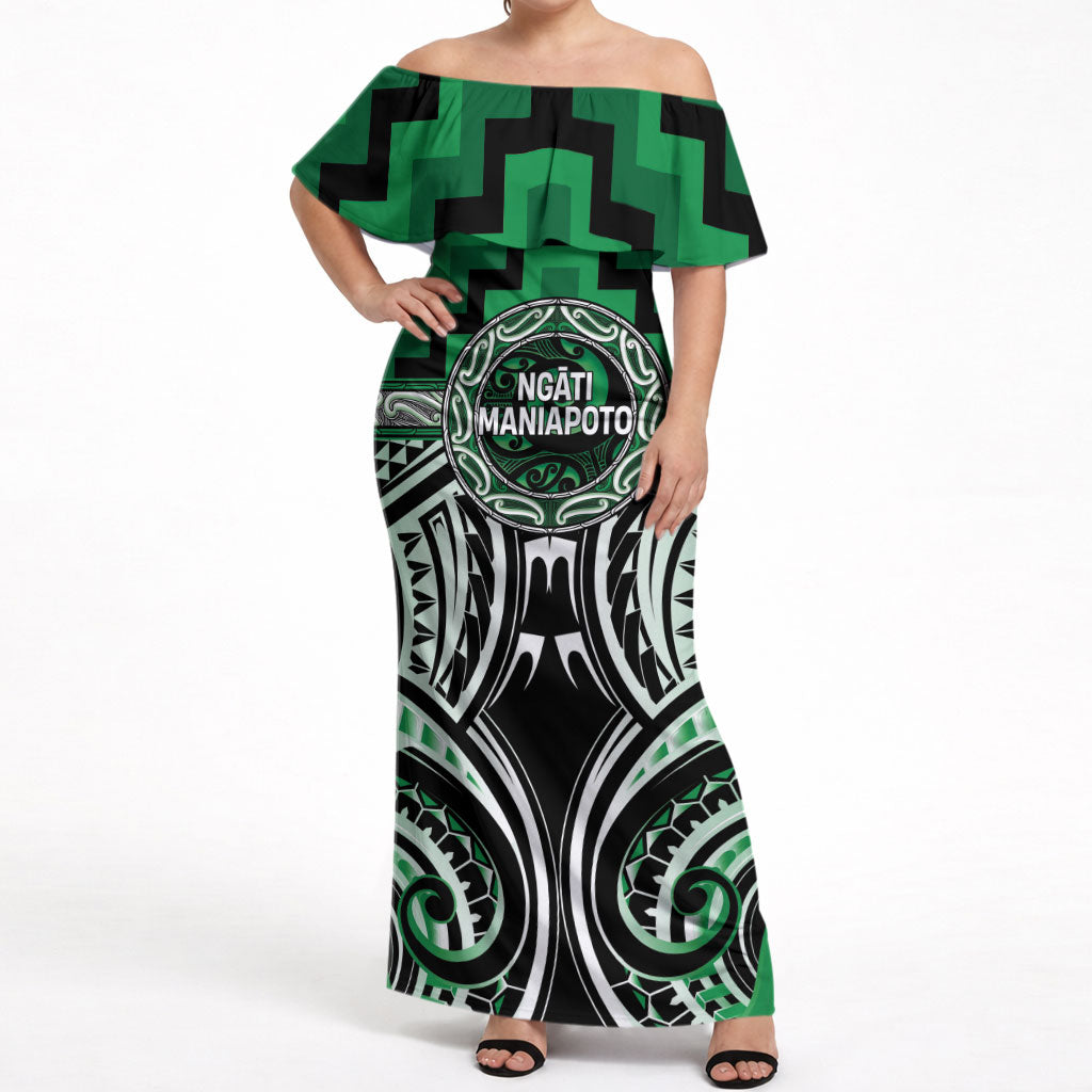 Aotearoa Ngati Maniapoto Personalised Off Shoulder Maxi Dress Maori Iwi Poutama Puhoro Tattoo LT14 Women Green - Polynesian Pride