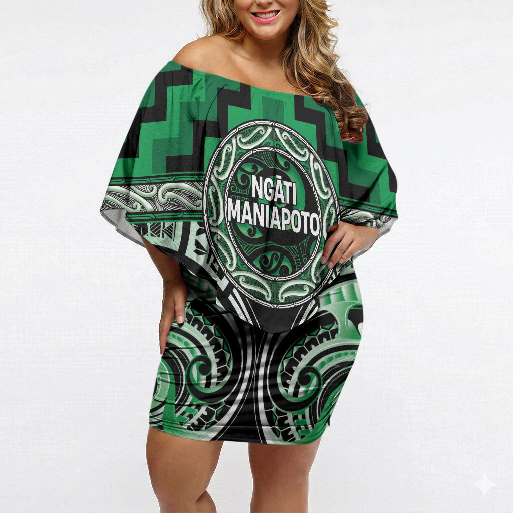Aotearoa Ngati Maniapoto Personalised Off Shoulder Short Dress Maori Iwi Poutama Puhoro Tattoo LT14 Women Green - Polynesian Pride