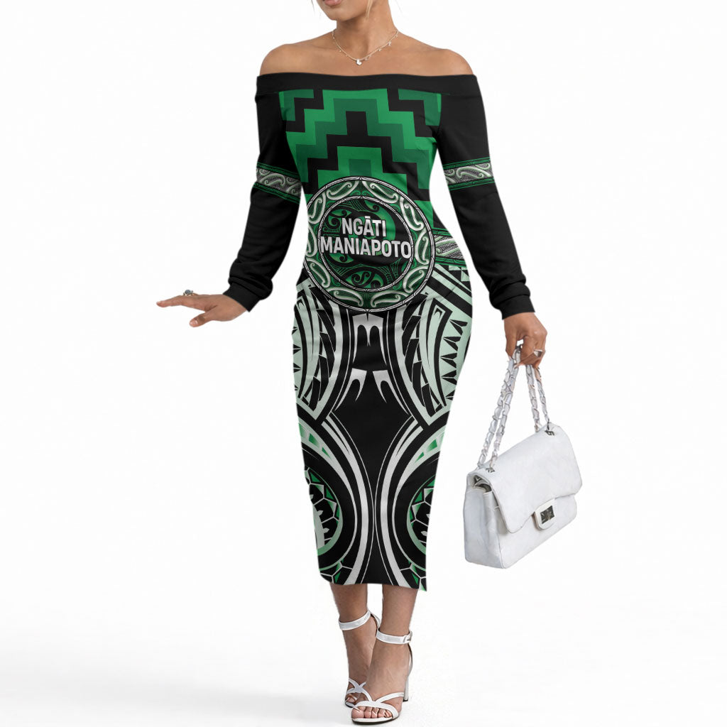 Aotearoa Ngati Maniapoto Personalised Off The Shoulder Long Sleeve Dress Maori Iwi Poutama Puhoro Tattoo LT14 Women Green - Polynesian Pride