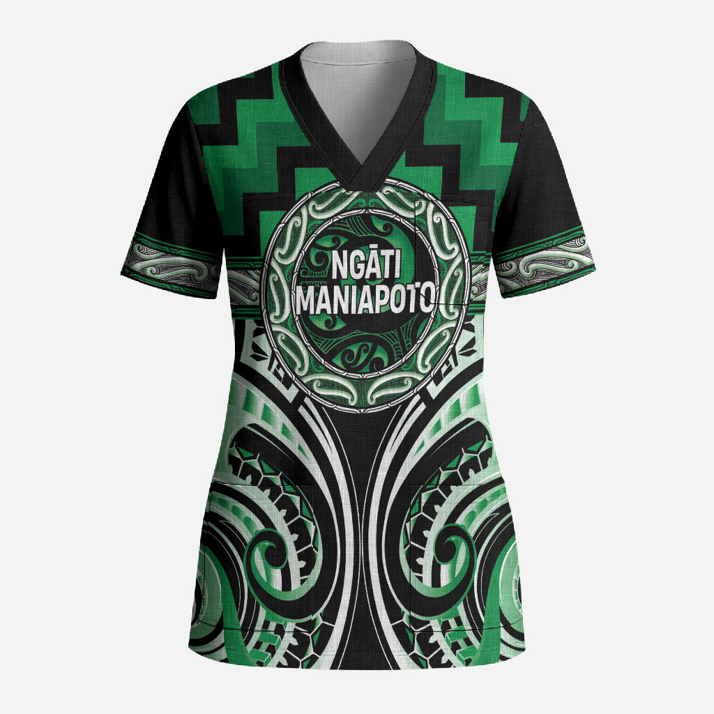 Aotearoa Ngati Maniapoto Personalised Scrub Top Maori Iwi Poutama Puhoro Tattoo LT14 Adult Green - Polynesian Pride