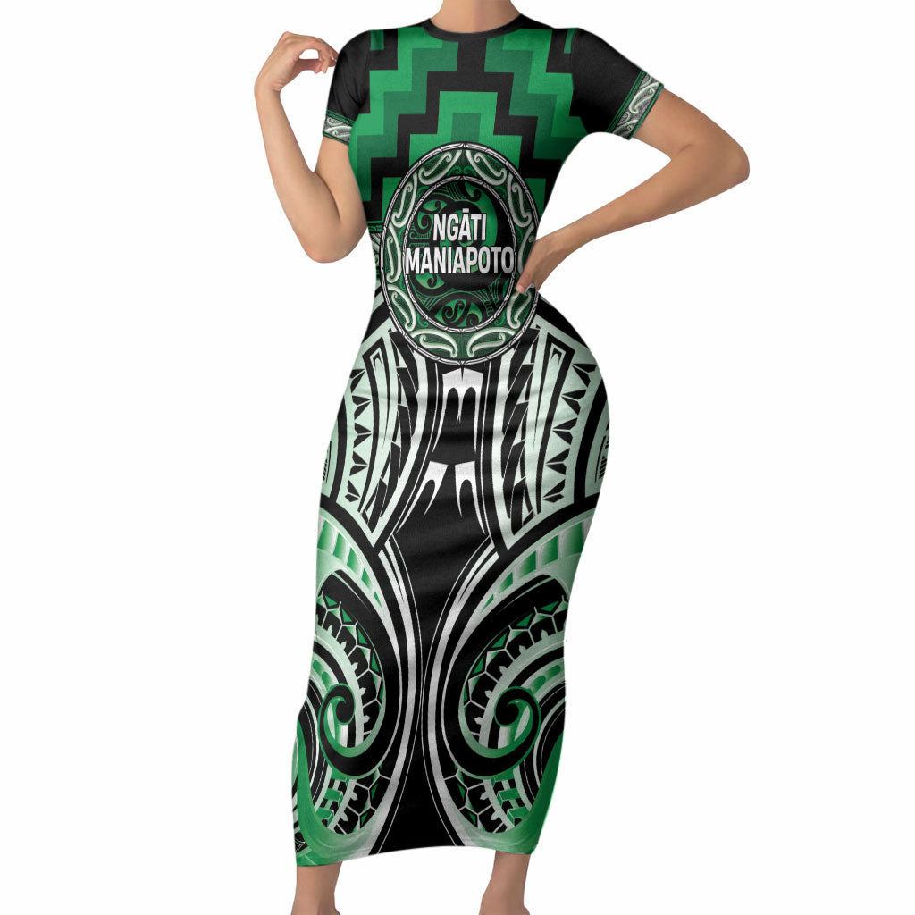 Aotearoa Ngati Maniapoto Personalised Short Sleeve Bodycon Dress Maori Iwi Poutama Puhoro Tattoo LT14 Long Dress Green - Polynesian Pride