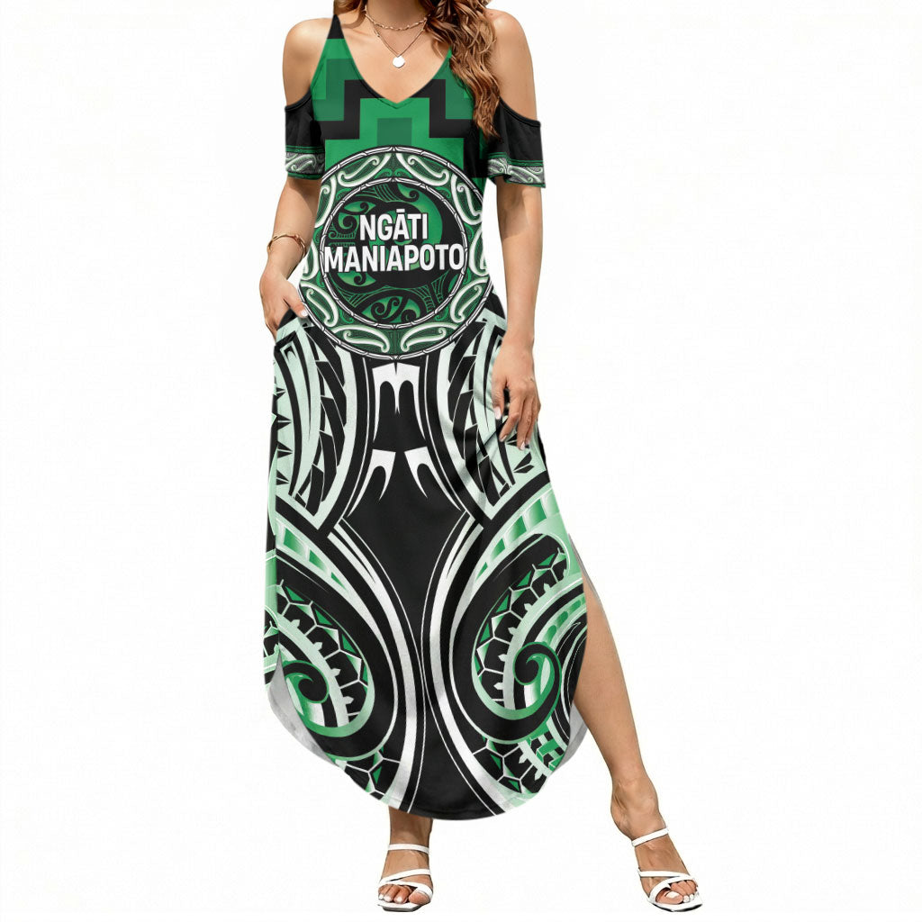 Aotearoa Ngati Maniapoto Personalised Summer Maxi Dress Maori Iwi Poutama Puhoro Tattoo LT14 Women Green - Polynesian Pride