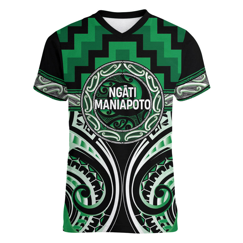 Aotearoa Ngati Maniapoto Personalised Women V-Neck T-Shirt Maori Iwi Poutama Puhoro Tattoo LT14 Female Green - Polynesian Pride