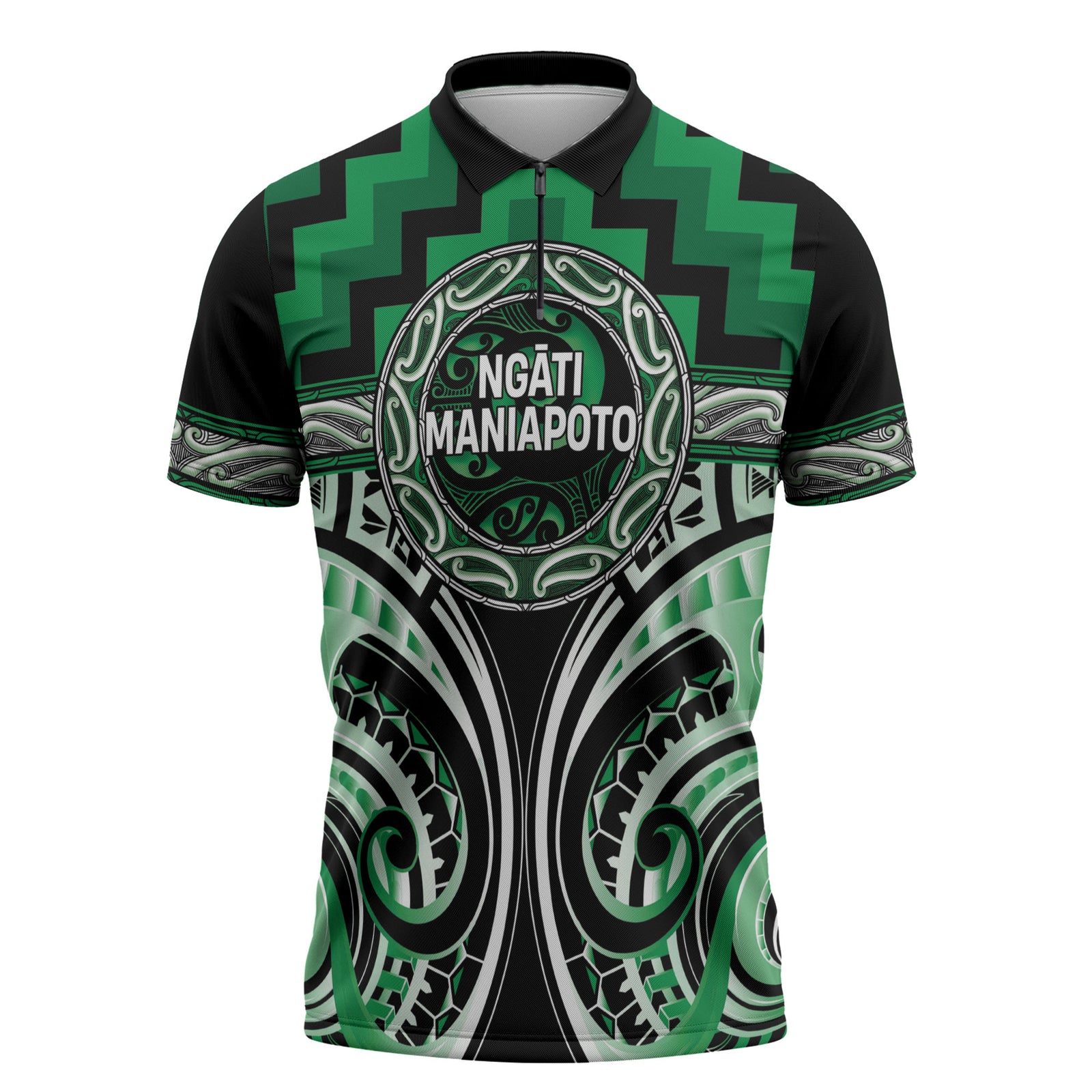 Aotearoa Ngati Maniapoto Personalised Zipper Polo Shirt Maori Iwi Poutama Puhoro Tattoo LT14 Green - Polynesian Pride