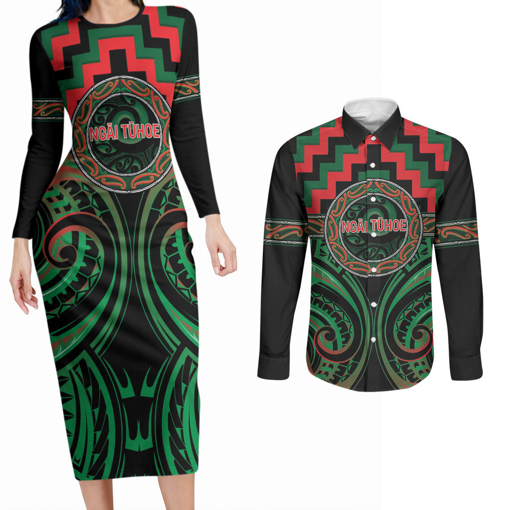Aotearoa Ngai Tuhoe Personalised Couples Matching Long Sleeve Bodycon Dress and Long Sleeve Button Shirt Maori Iwi Poutama Puhoro Tattoo LT14 Green - Polynesian Pride