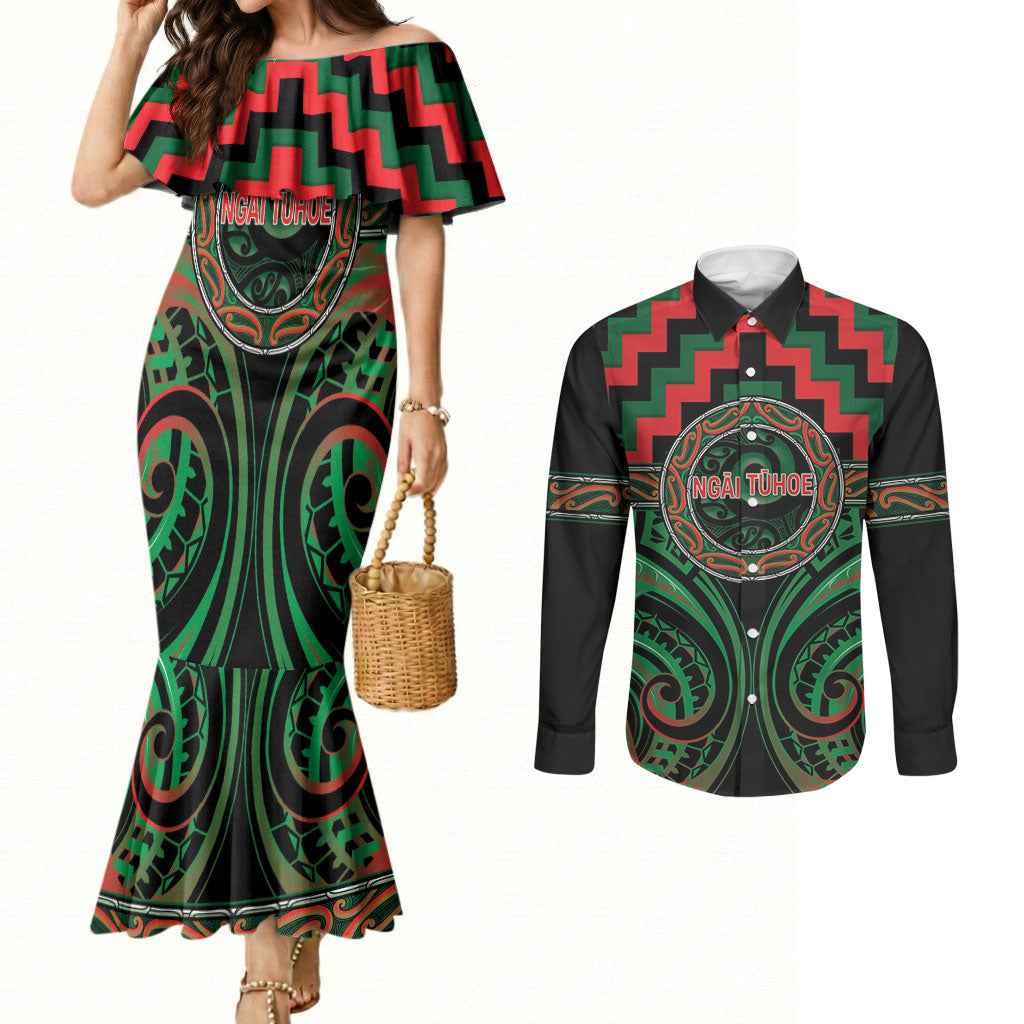 Aotearoa Ngai Tuhoe Personalised Couples Matching Mermaid Dress and Long Sleeve Button Shirt Maori Iwi Poutama Puhoro Tattoo LT14 Green - Polynesian Pride