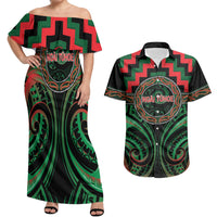 Aotearoa Ngai Tuhoe Personalised Couples Matching Off Shoulder Maxi Dress and Hawaiian Shirt Maori Iwi Poutama Puhoro Tattoo LT14 Green - Polynesian Pride