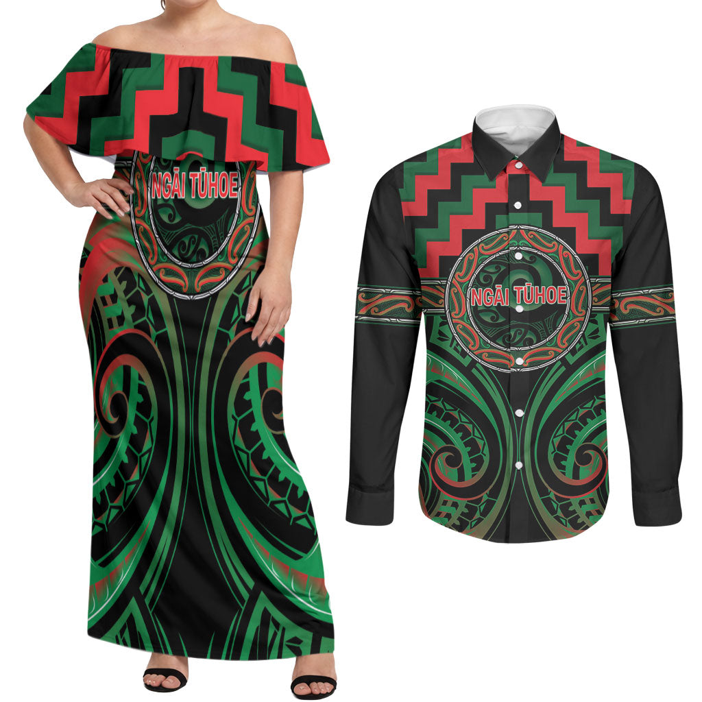 Aotearoa Ngai Tuhoe Personalised Couples Matching Off Shoulder Maxi Dress and Long Sleeve Button Shirt Maori Iwi Poutama Puhoro Tattoo LT14 Green - Polynesian Pride