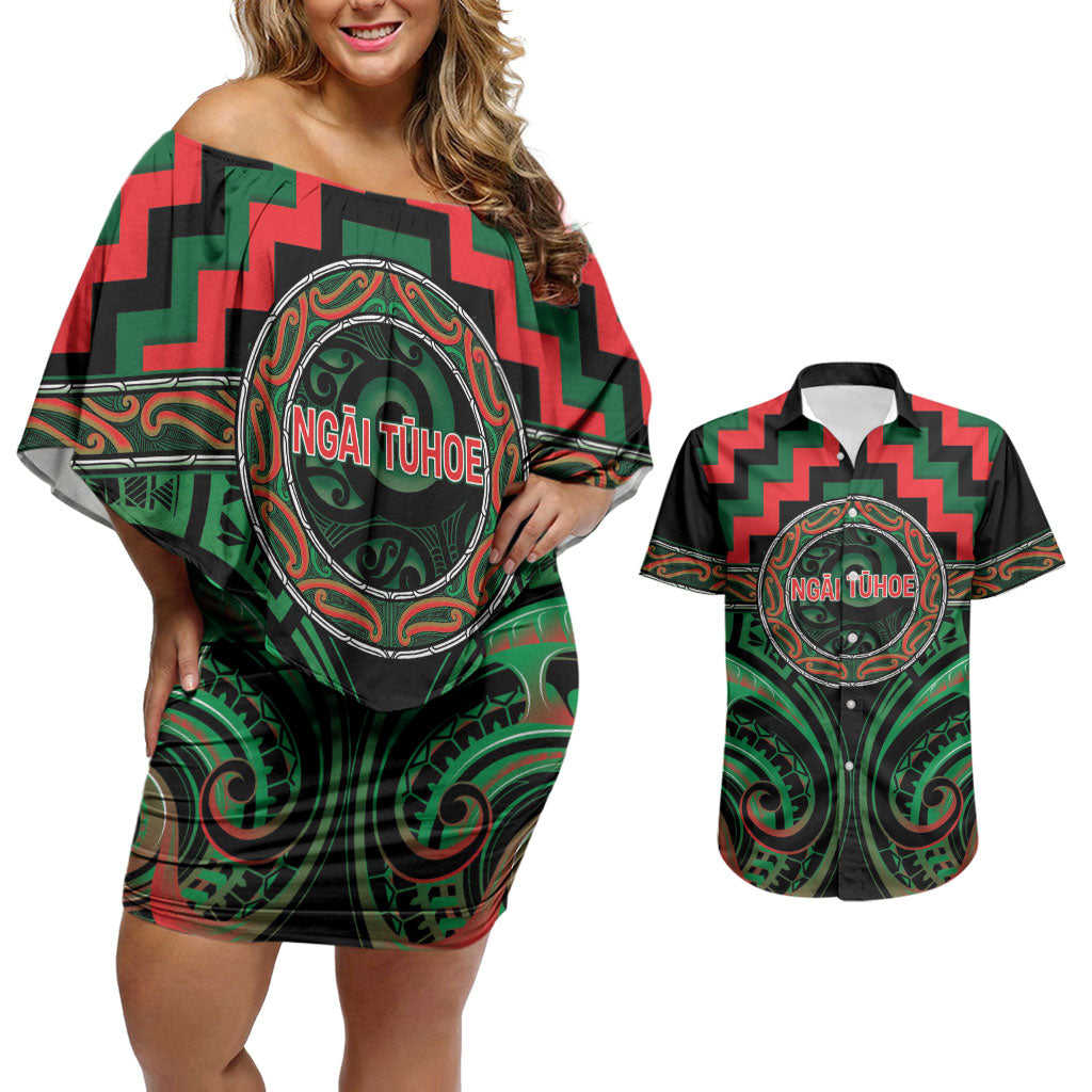 Aotearoa Ngai Tuhoe Personalised Couples Matching Off Shoulder Short Dress and Hawaiian Shirt Maori Iwi Poutama Puhoro Tattoo LT14 Green - Polynesian Pride