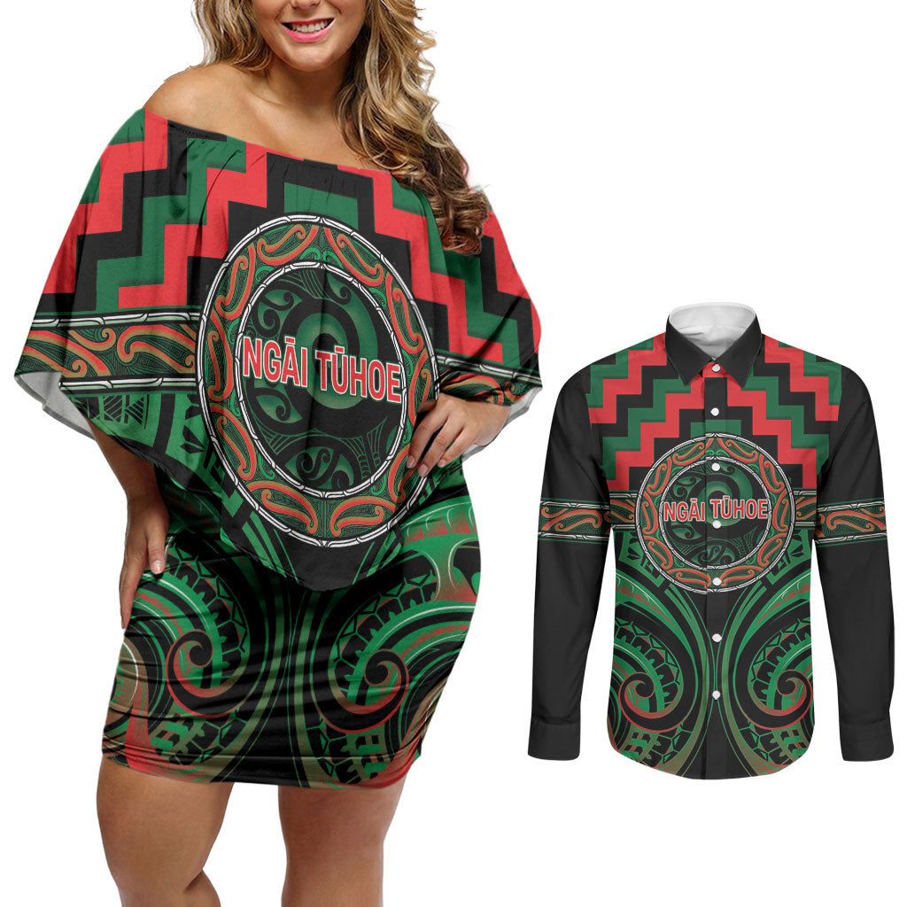 Aotearoa Ngai Tuhoe Personalised Couples Matching Off Shoulder Short Dress and Long Sleeve Button Shirt Maori Iwi Poutama Puhoro Tattoo LT14 Green - Polynesian Pride