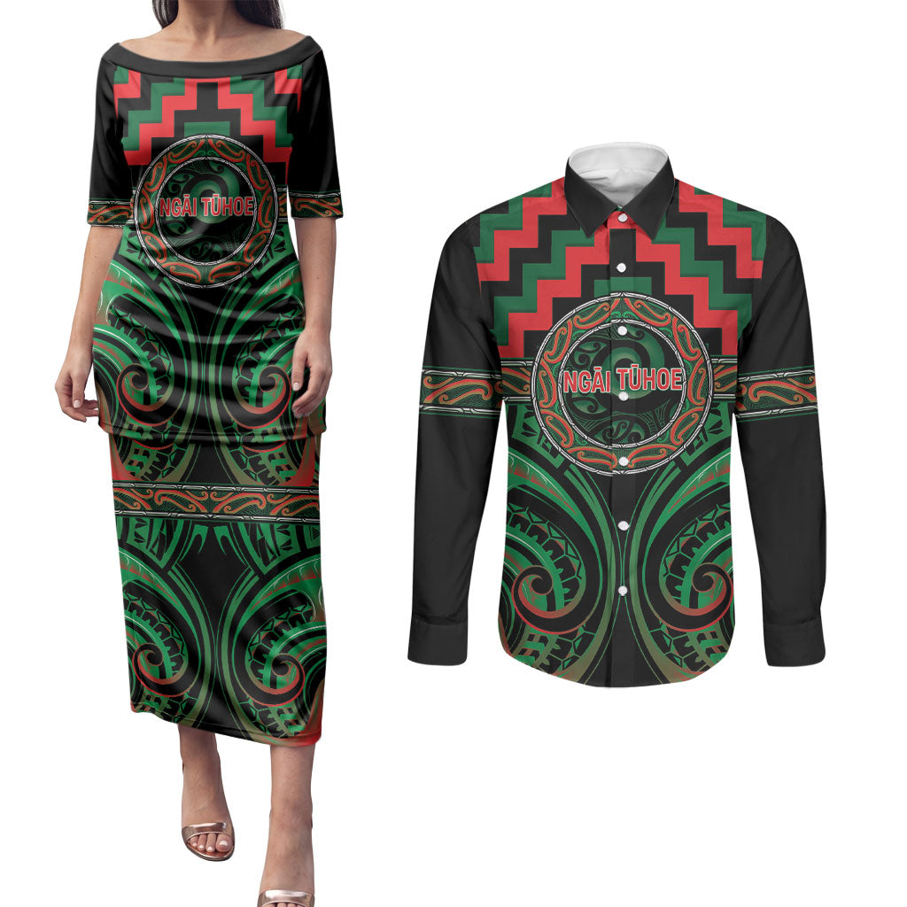 Aotearoa Ngai Tuhoe Personalised Couples Matching Puletasi and Long Sleeve Button Shirt Maori Iwi Poutama Puhoro Tattoo LT14 Green - Polynesian Pride